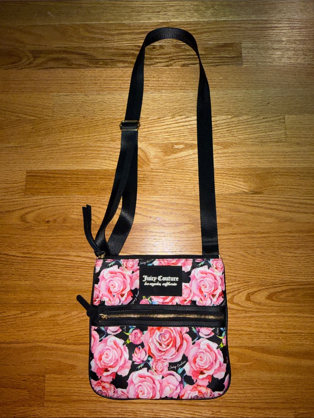 Juicy Couture Pink Rose Floral Crossbody Bag with Black Strap